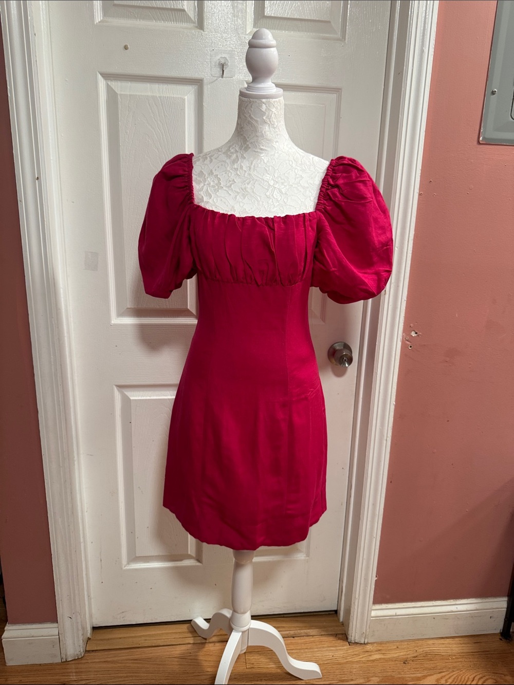 Karen Millen Puff Sleeve Square Neck Mini Dress in Fuchsia